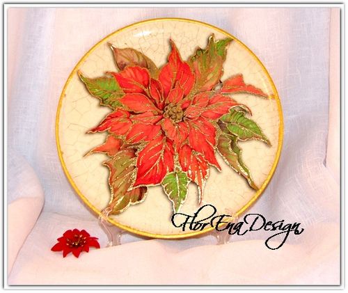 D0244 # Craciunita - farfurie lemn, tehnica decoupage, patina de antichizare / crapare, 22cm