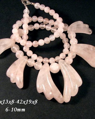 4875 - SET, 6 piese, pandantiv, baza colier, frunze sculptate, cuart roz