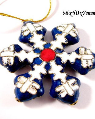 4879 - Pandantiv, ornament Craciun, stea / fulg de nea, cloisonne, albastru, 3D