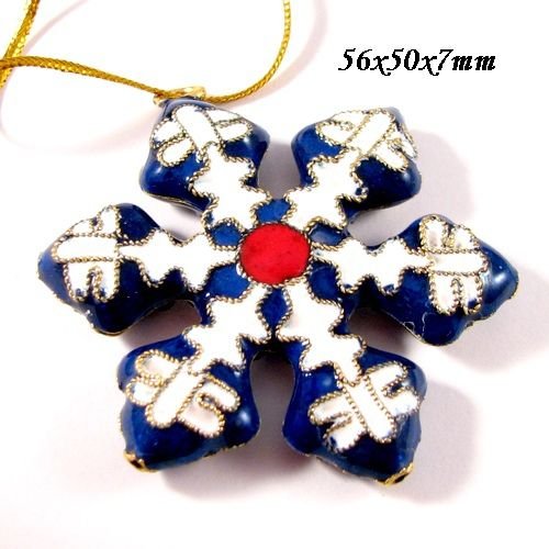 4879 - Pandantiv, ornament Craciun, stea / fulg de nea, cloisonne, albastru, 3D