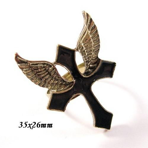 4935 - Baza inel reglabil, bronz, email negru, cruce, aripi inger, gotic