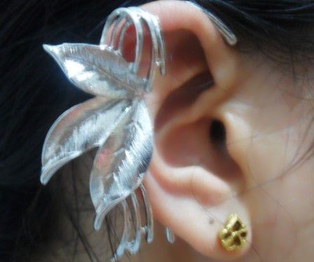 4492 - (1buc) Baza cercel catusa, ear cuff, frunze, argintiu