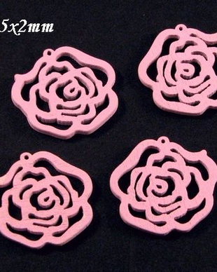 4082 - (10buc) Charms, lemn, floare trandafir, roz