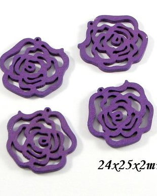4083 - (10buc) Charms, lemn, floare trandafir, mov