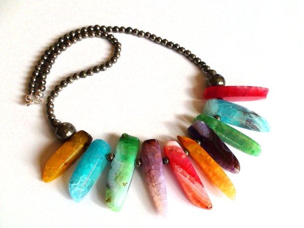 Colier din Argint 925, Pirita si Agate multicolore – CO211