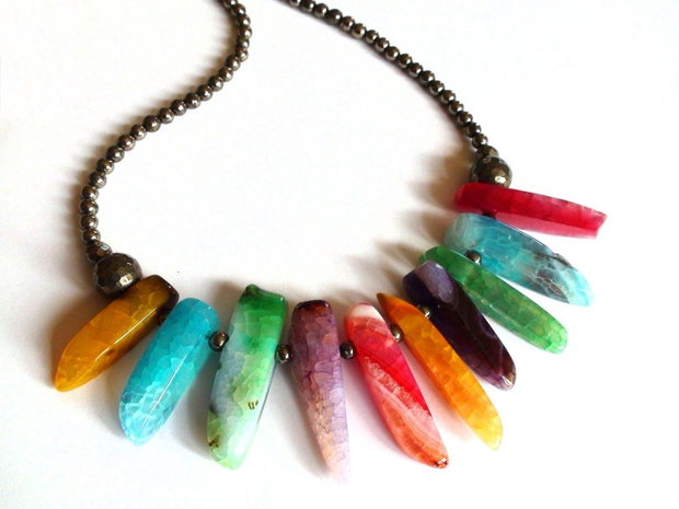 Colier din Argint 925, Pirita si Agate multicolore – CO211