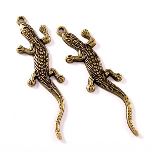 5292 - (2buc) Pandantiv / charms, soparla, aliaj metalic aspect bronz, 56x15x2mm