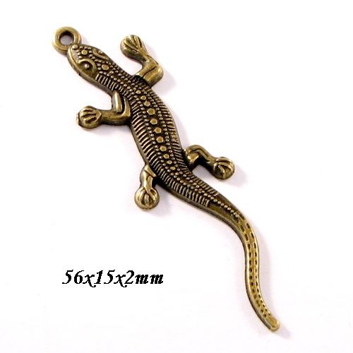 5292 - (2buc) Pandantiv / charms, soparla, aliaj metalic aspect bronz, 56x15x2mm