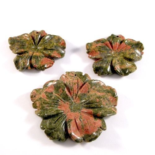 5529 - SET (3buc) Pandantive, flori sculptate, unakite, verde kaki caramiziu