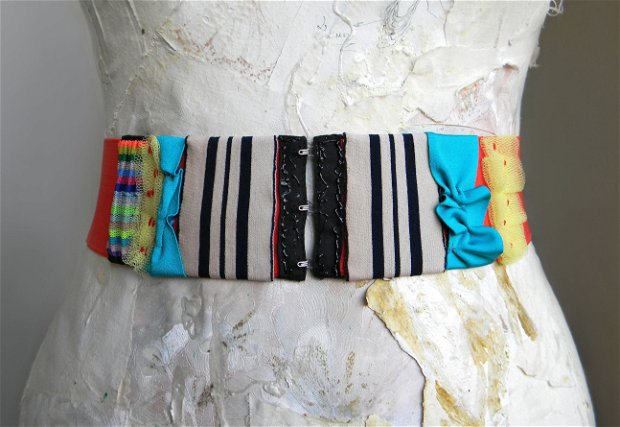 Cordon de talie-Brau Elastic-Curea dama din colaje textile "Funky Collage"