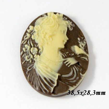 5604 - (1buc) Cabochon camee, rasina, lady, maro cafeniu galbui, 38,5 x 28,3-28,6mm