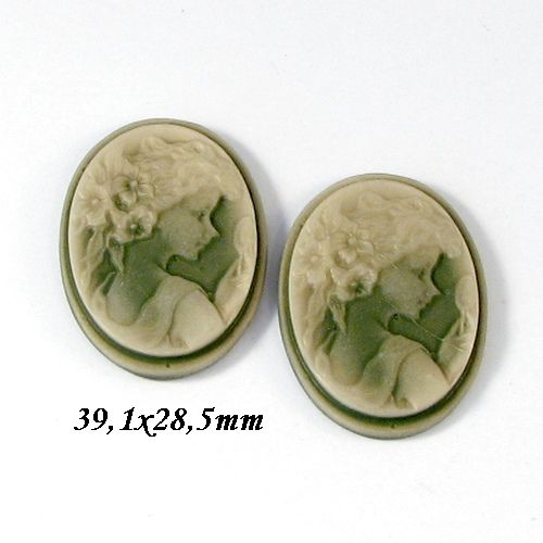 5608 - (2buc) Cabochon camee, rasina, lady, verde kaki olive beige sidefat, 39,1x28,5mm