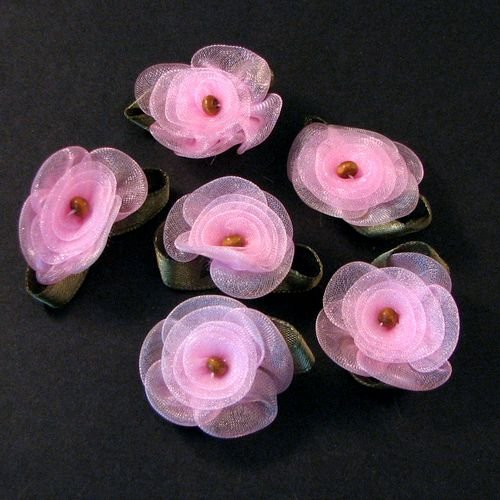 5635 - (6buc) Floricele din organza si saten, roz, aprox.26mm