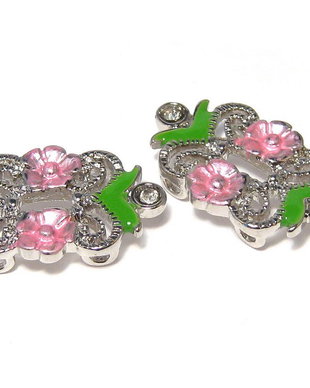 Distantiere cu strasuri, roz, 2 siruri, 27x16 mm