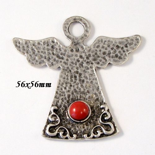 5715 - Pandantiv, ingeras, zamac argintat, cabochon perla cristal, red coral