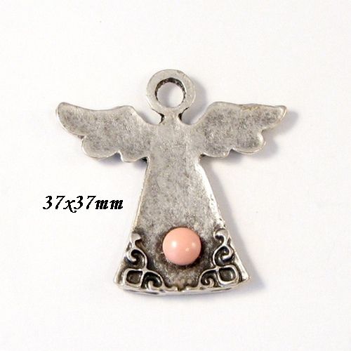 5716 - Pandantiv, ingeras, zamac argintat, cabochon perla cristal, pink coral