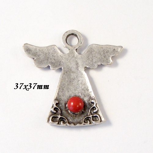 5717 - Pandantiv, ingeras, zamac argintat, cabochon perla cristal, red coral