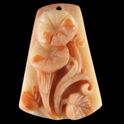 5802 - Pandantiv, floare sculptata manual/ zorele, malachit rosu, orange alb, 48x35x10mm