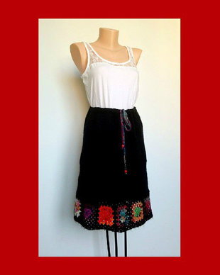 Fusta Colorata Etno Crosetata Tricotata Boho Midi Fusta Neagra