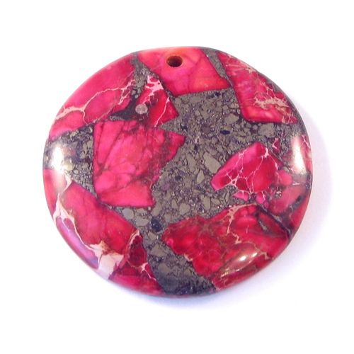 5751 - Pandantiv, sediment marin colorat fuchsia, pirita, disc, 40x7mm