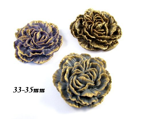 5986 - (3buc) Cabochon, floare / garoafa, rasina, mov, ciocolatiu, gri cenusiu, auriu antichizat