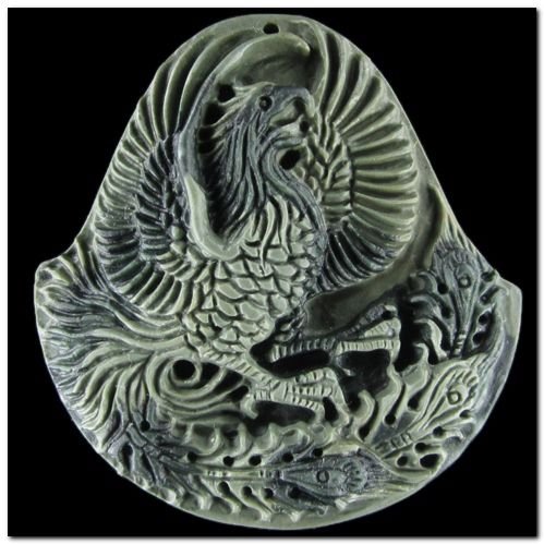 5815 - Pasarea Phoenix / Bennu, pandantiv jasp ribbon sculptat, 60x57x10mm