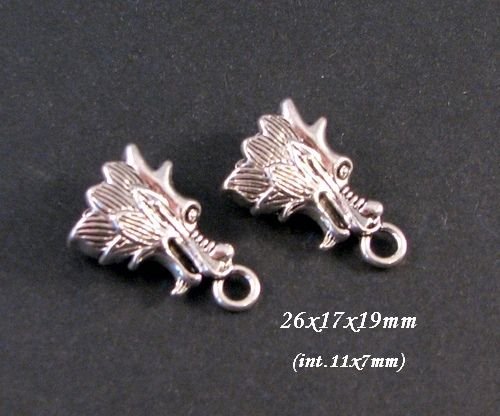 6153 - (2buc) Capete de snur, aliaj metalic argintiu, cap de dragon
