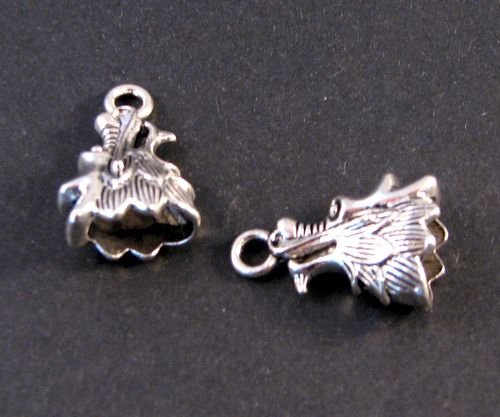 6153 - (2buc) Capete de snur, aliaj metalic argintiu, cap de dragon