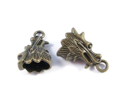 6152 - (2buc) Capete de snur, aliaj metalic bronz, cap de dragon