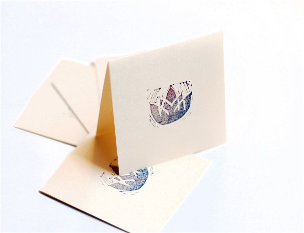 Mini cartonas dublu pentru prezentare produs, eticheta informatii, thank you card cu stampila lotus sculptata manual