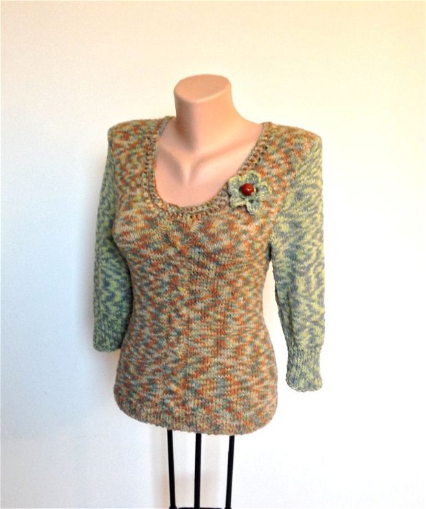 Bluza pulover tricotat manual moale acril lana maro verde toamna