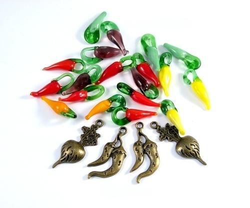 6167 - (4b) Minipandantive / charms, aliaj metalic bronz, ardei iute / chilli, ridiche