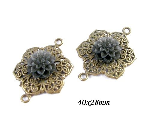 6177 - (5buc) Linkuri / spacere / charms, flori acril negru frosted, baza aliaj metalic bronz