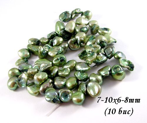 4254 - (10buc) Perle biwa, verde cu irizatii, 7-10x6-8mm