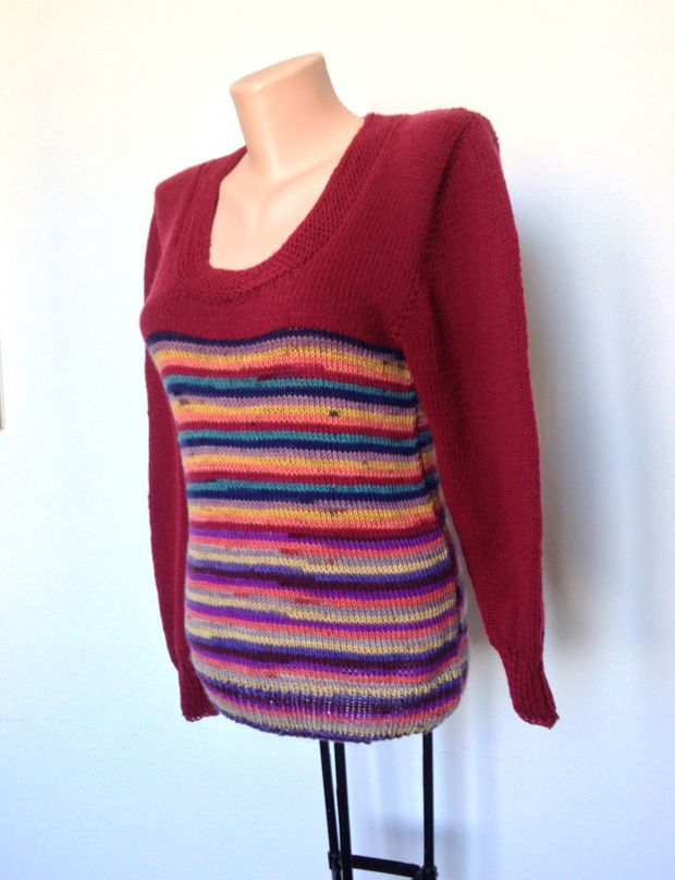 Pulover Bluza Tricotat manual lana visiniu in dungi colorat multicolor