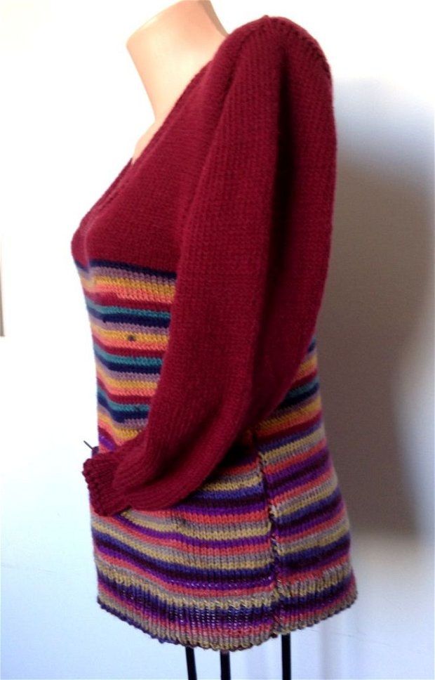 Pulover Bluza Tricotat manual lana visiniu in dungi colorat multicolor