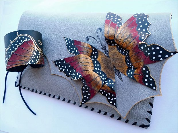 bratara handmade unicat- Grey Marsala Butterfly