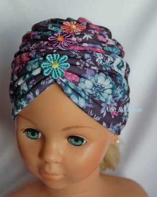 Turban dublu cu floricele roz-mov