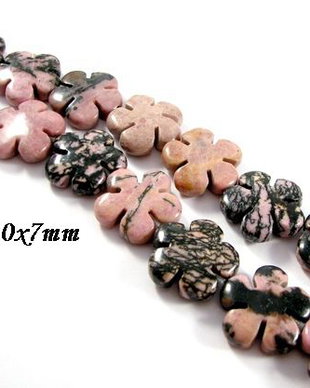 6247 - (4buc) Margele, flori, rodonit, roz prafuit - negru - gri, 20x6mm