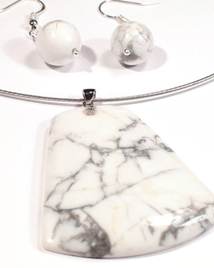 Pandantiv si cercei din Argint 925, Howlite alb - gri - PA051.1, CE051.1