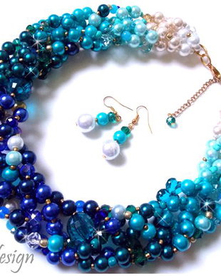 Set colier si cercei alb/albastru