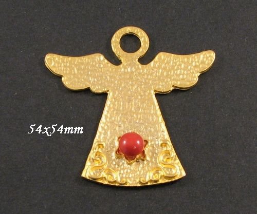 6277 - Pandantiv, ingeras, zamac aurit, auriu mat, cabochon perla Swarovski, red coral