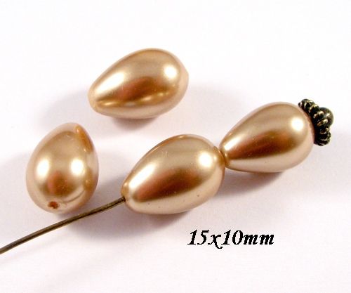 6337 - (4buc) Perle tip Mallorca, auriu invechit mat, sidefat,  picatura, 15x10mm