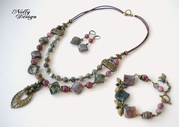 "Agate & bronze" - Set colier, bratara, cercei