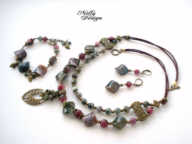 "Agate & bronze" - Set colier, bratara, cercei