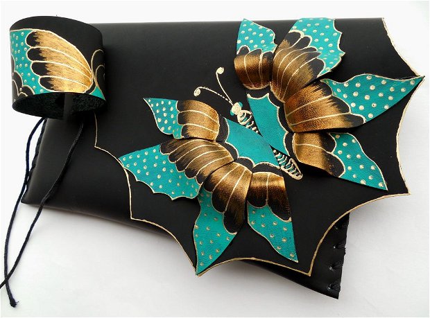 poseta plic handmade unicat din piele - Turquoise Butterfly