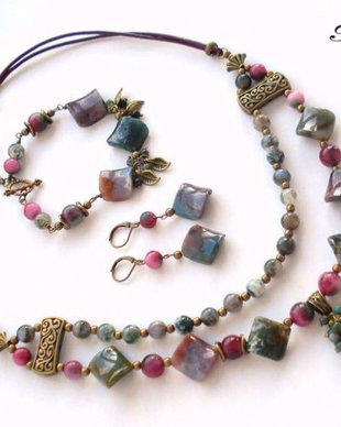 "Agate & bronze" - Set colier, bratara, cercei