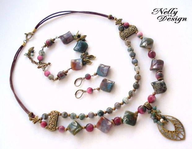 "Agate & bronze" - Set colier, bratara, cercei