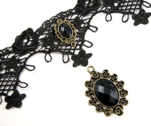 6408 - KIT Baza colier gotic / choker, dantela bumbac aspect matasos, negru, pandantiv bronz, cabochon