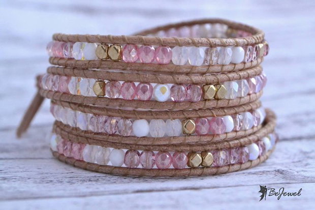 Bratara wrap cu snur de piele si cristale ''Rosaline''
